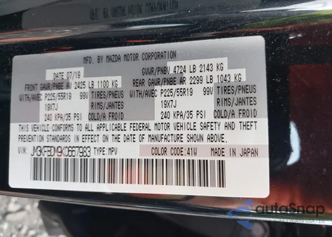 2019 Mazda Cx-5 Grand Touring z USA, uszkodzony, nr VIN JM3KFBDM9K0667983